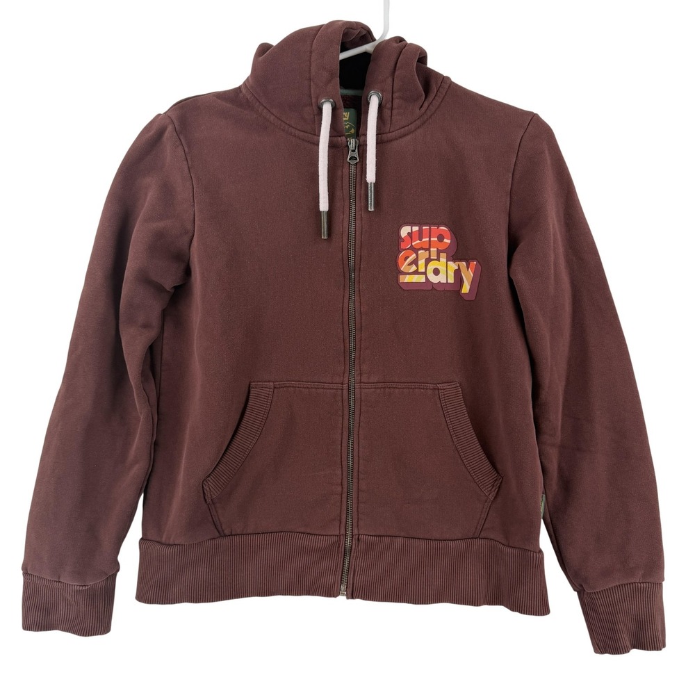 Superdry Hoodie Womens 6 Brown Full Zip High Neck Fleece Logo Pockets Sweatshirt